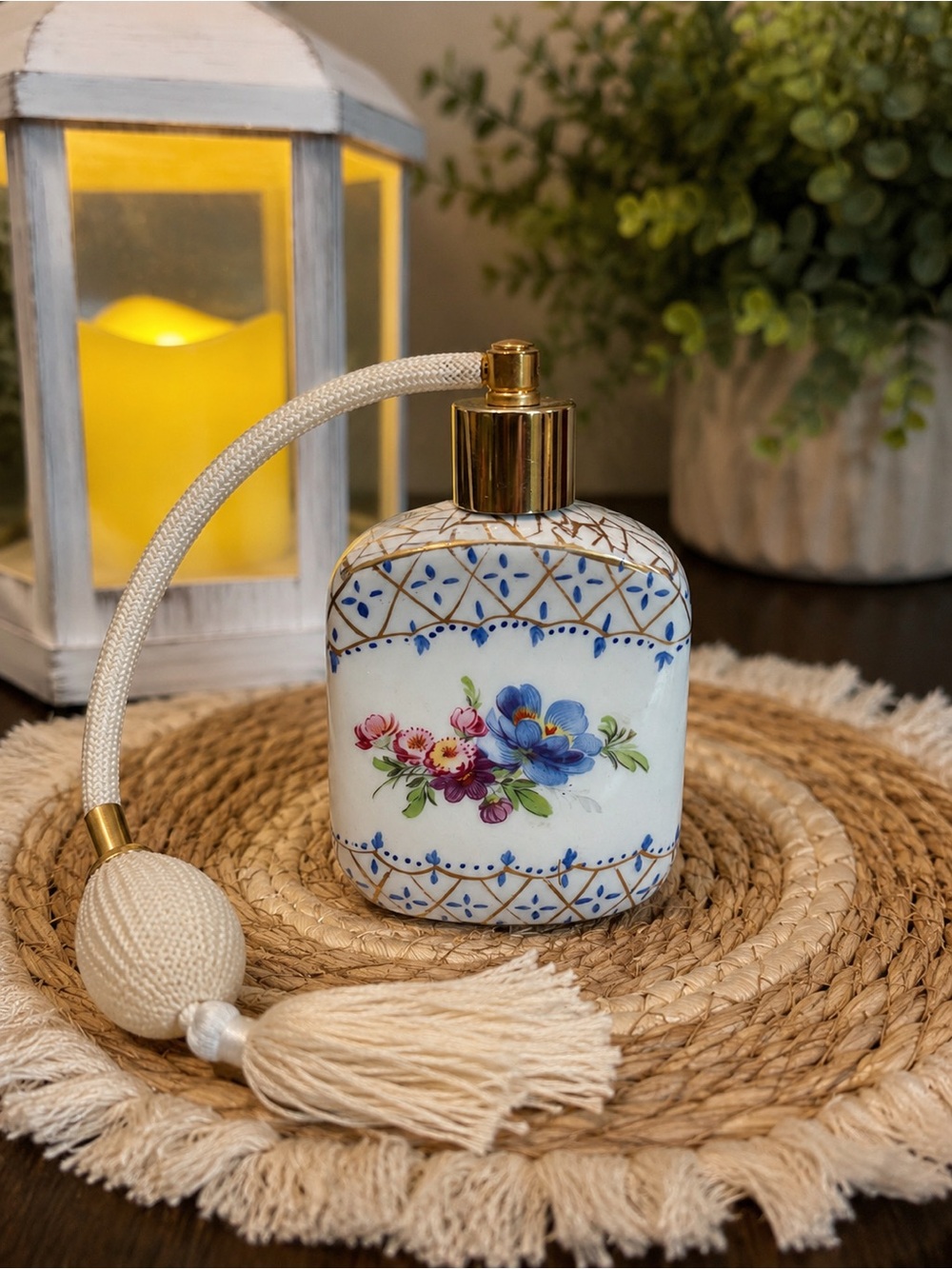 Vintage White and Blue Floral Porcelain Atomizer